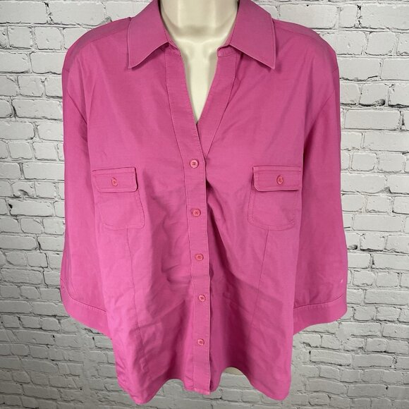 Chico’s Pink Button Up 3/4 Sleeve Stretch Lightweight Collar Shirt Size 3 US 16 - Picture 1 of 15